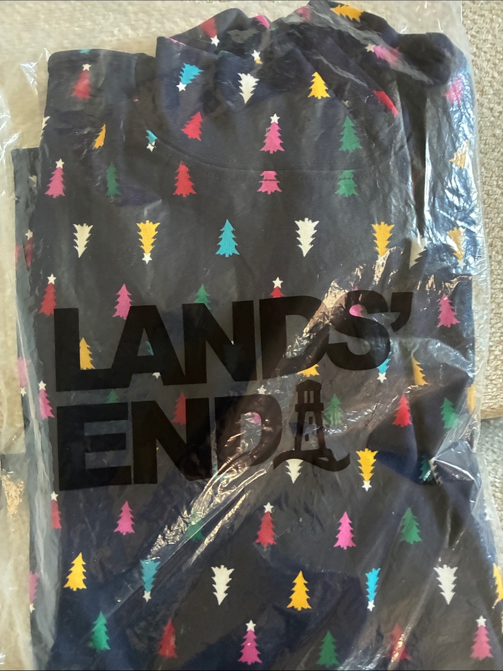 Lands' End Navy Christmas mock turtleneck with Multicolor Holiday Tree Print M
